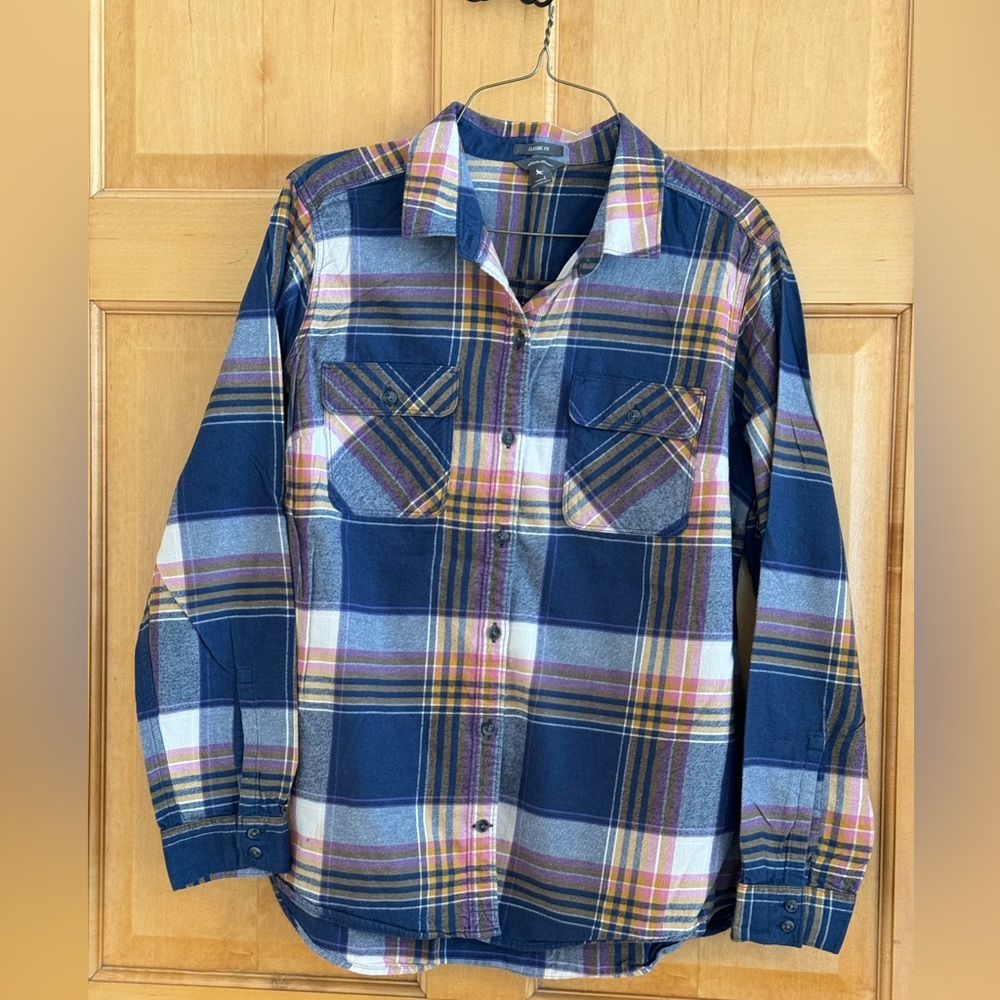 Eddie Bauer Classic Fit Flannel Shirt Top Womens Large Blue Plaid